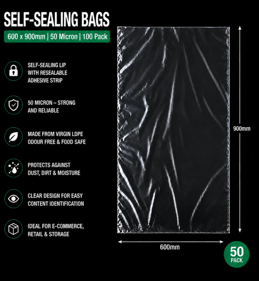 50 Micron Clear LDPE Self-Sealing Bags – Resealable Lip & Tape | Packaging Bags for Storage & Shipping