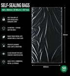 50 Micron Clear LDPE Self-Sealing Bags – Resealable Lip & Tape | Packaging Bags for Storage & Shipping