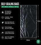 50 Micron Clear LDPE Self-Sealing Bags – Resealable Lip & Tape | Packaging Bags for Storage & Shipping
