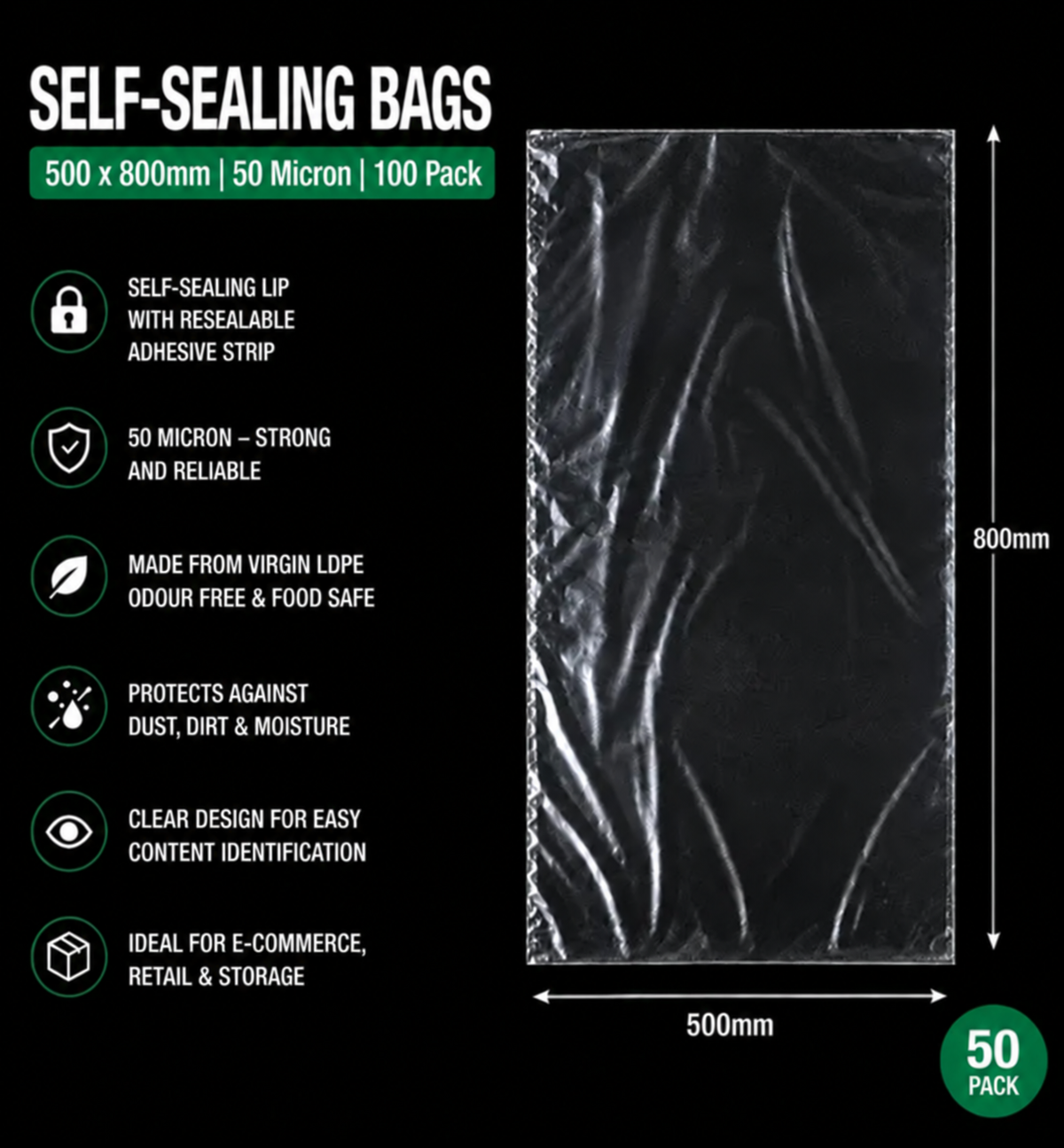 50 Micron Clear LDPE Self-Sealing Bags – Resealable Lip & Tape | Packaging Bags for Storage & Shipping