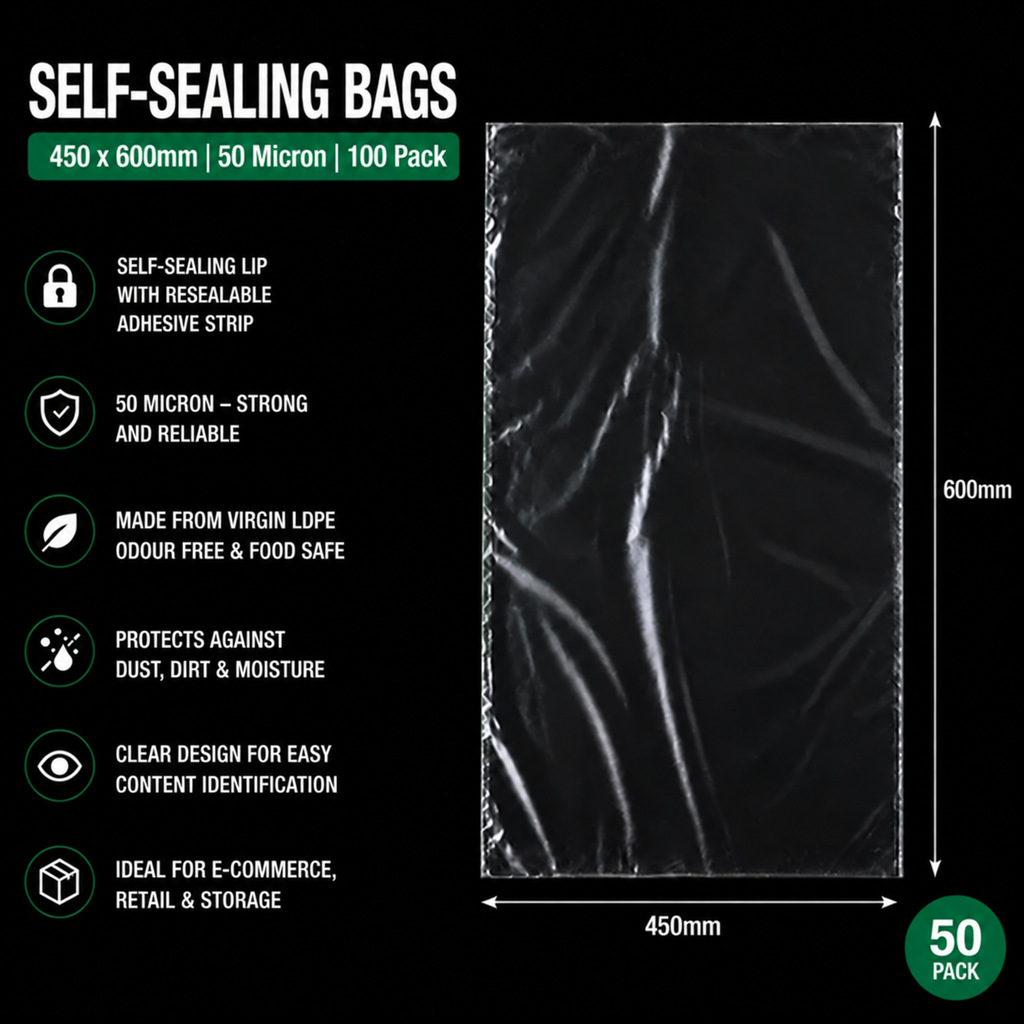 50 Micron Clear LDPE Self-Sealing Bags – Resealable Lip & Tape | Packaging Bags for Storage & Shipping
