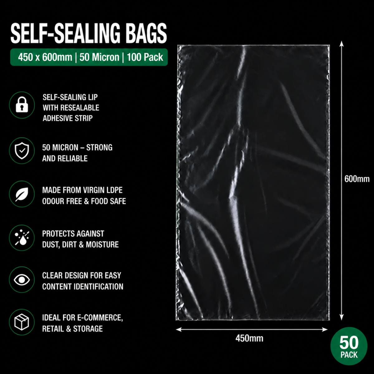 50 Micron Clear LDPE Self-Sealing Bags – Resealable Lip & Tape | Packaging Bags for Storage & Shipping