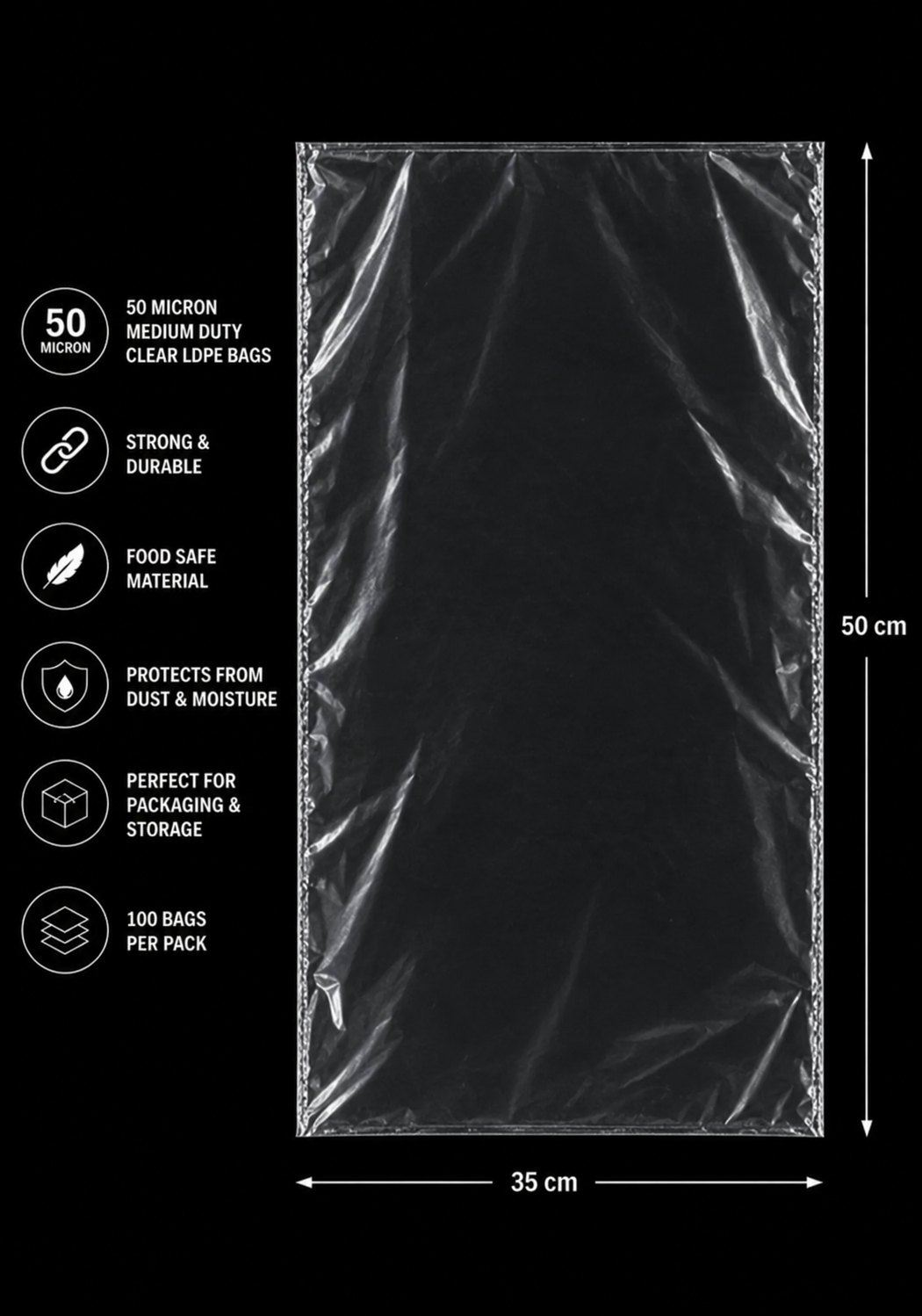 50 Micron Clear LDPE Plastic Bags(Pack of 200 bags) – Heavy Duty Packaging Bags (10x20cm to 94x154cm Sizes)