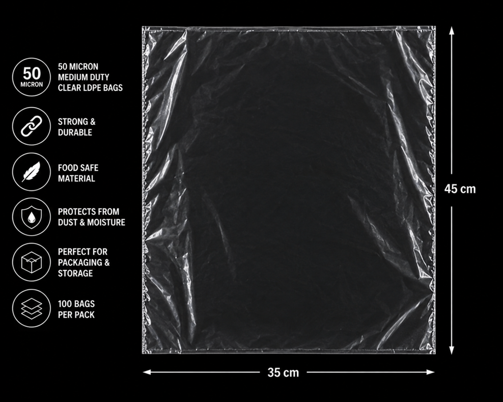 50 Micron Clear LDPE Plastic Bags(Pack of 200 bags) – Heavy Duty Packaging Bags (10x20cm to 94x154cm Sizes)
