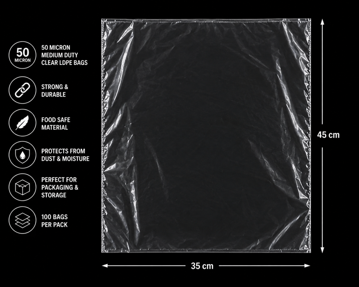 50 Micron Clear LDPE Plastic Bags(Pack of 200 bags) – Heavy Duty Packaging Bags (10x20cm to 94x154cm Sizes)