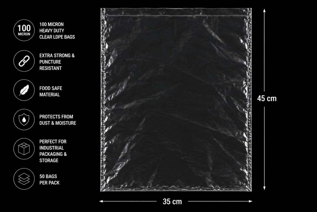100 Micron Clear LDPE Plastic Bags (Pack of 100 bags)– Heavy Duty Industrial Packaging Bags (15 x 25 cm, 100 Pack)