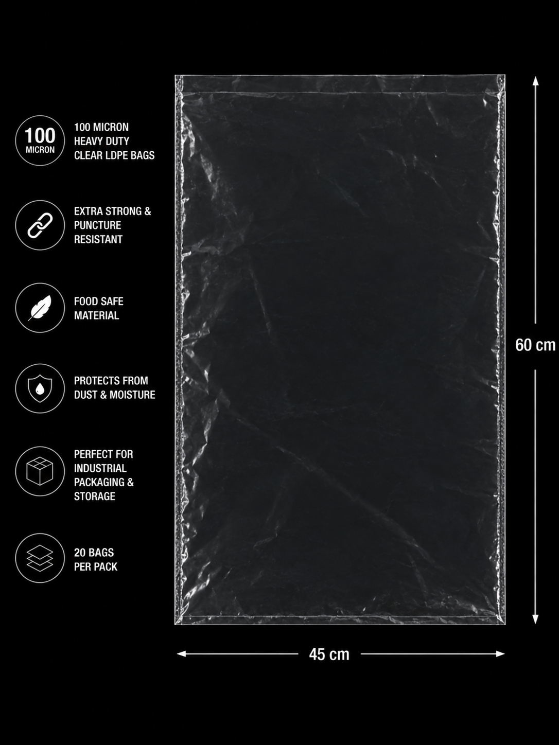 100 Micron Clear LDPE Plastic Bags (Pack of 100 bags)– Heavy Duty Industrial Packaging Bags (15 x 25 cm, 100 Pack)