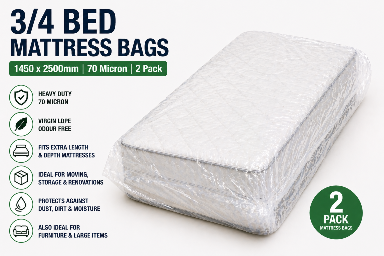 Clear LDPE Mattress Bags – Heavy Duty 70 Micron Bed Covers (2 Pack) | Moving, Storage & Protection