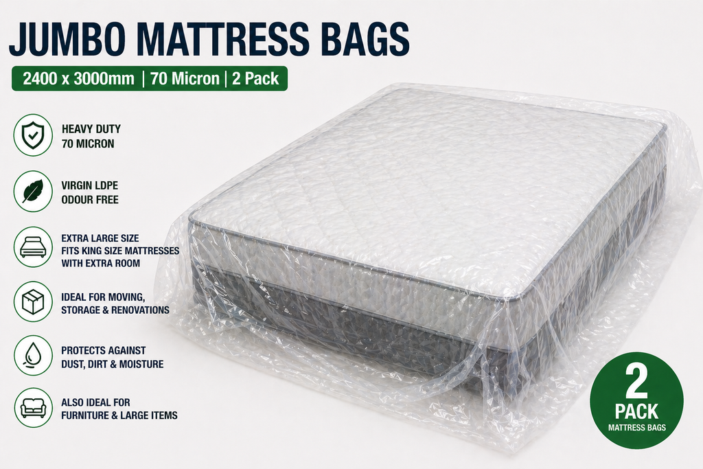 Clear LDPE Mattress Bags – Heavy Duty 70 Micron Bed Covers (2 Pack) | Moving, Storage & Protection