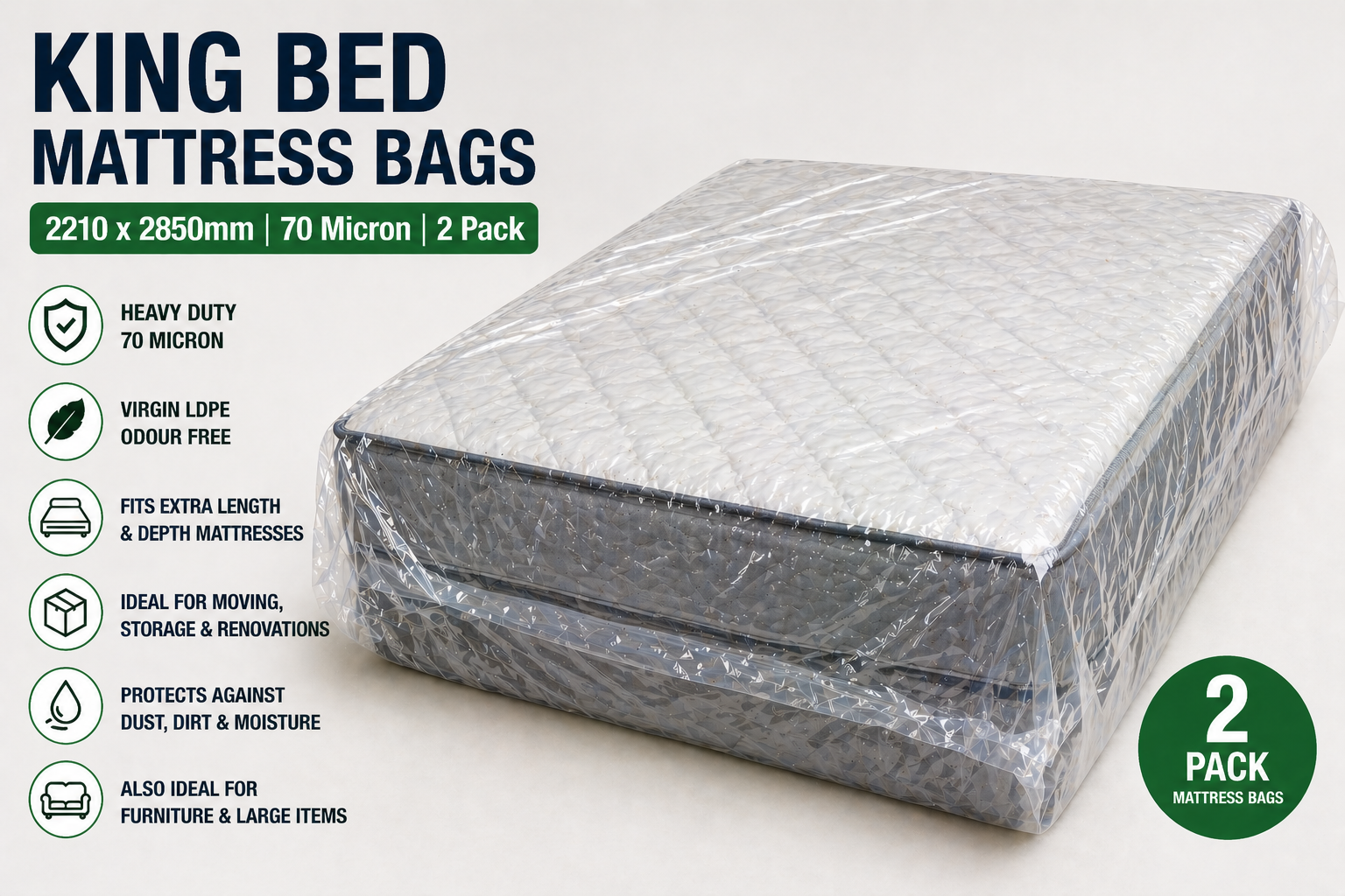 Clear LDPE Mattress Bags – Heavy Duty 70 Micron Bed Covers (2 Pack) | Moving, Storage & Protection