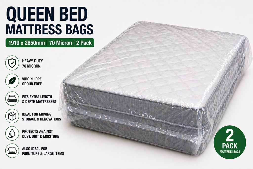 Clear LDPE Mattress Bags – Heavy Duty 70 Micron Bed Covers (2 Pack) | Moving, Storage & Protection