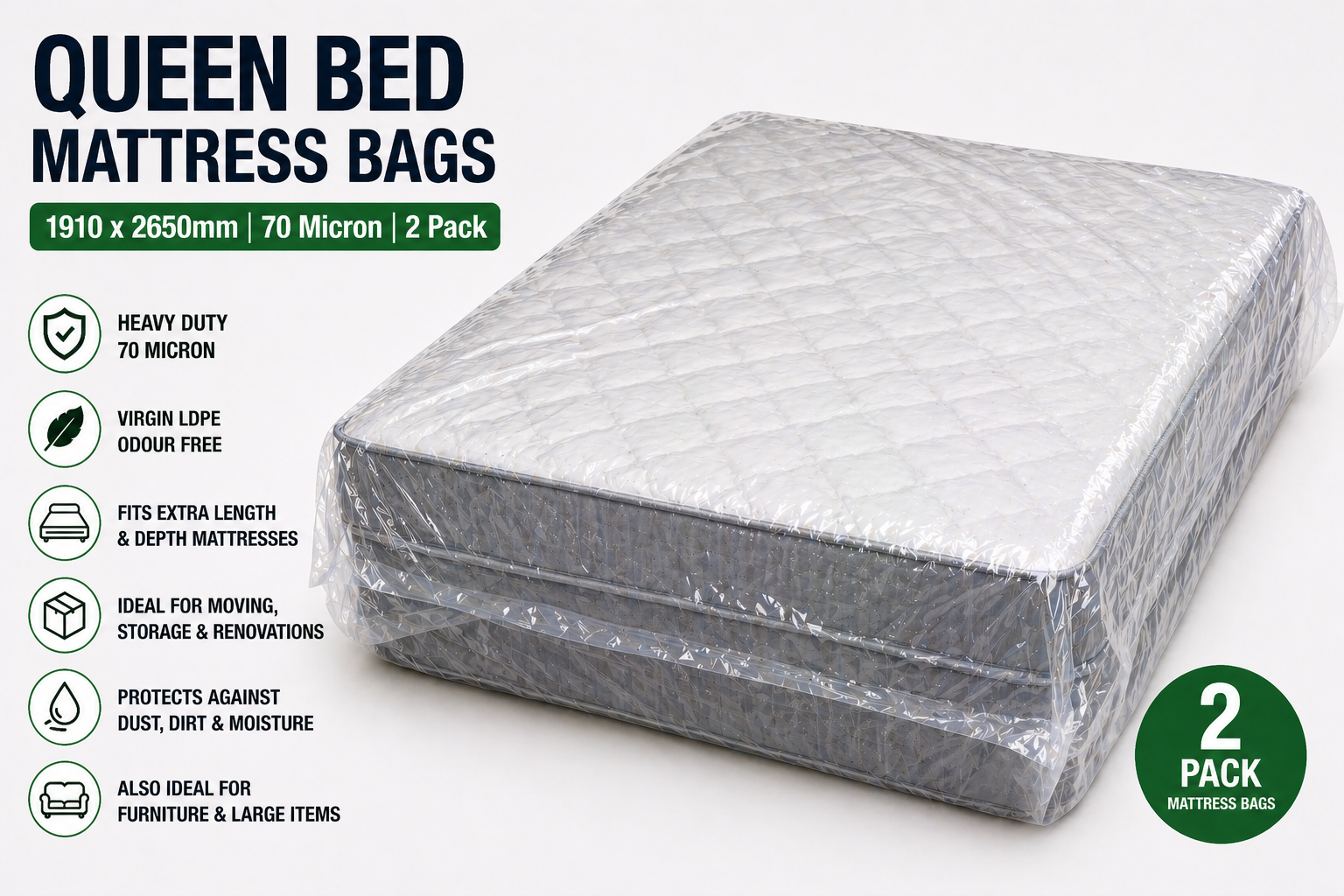 Clear LDPE Mattress Bags – Heavy Duty 70 Micron Bed Covers (2 Pack) | Moving, Storage & Protection
