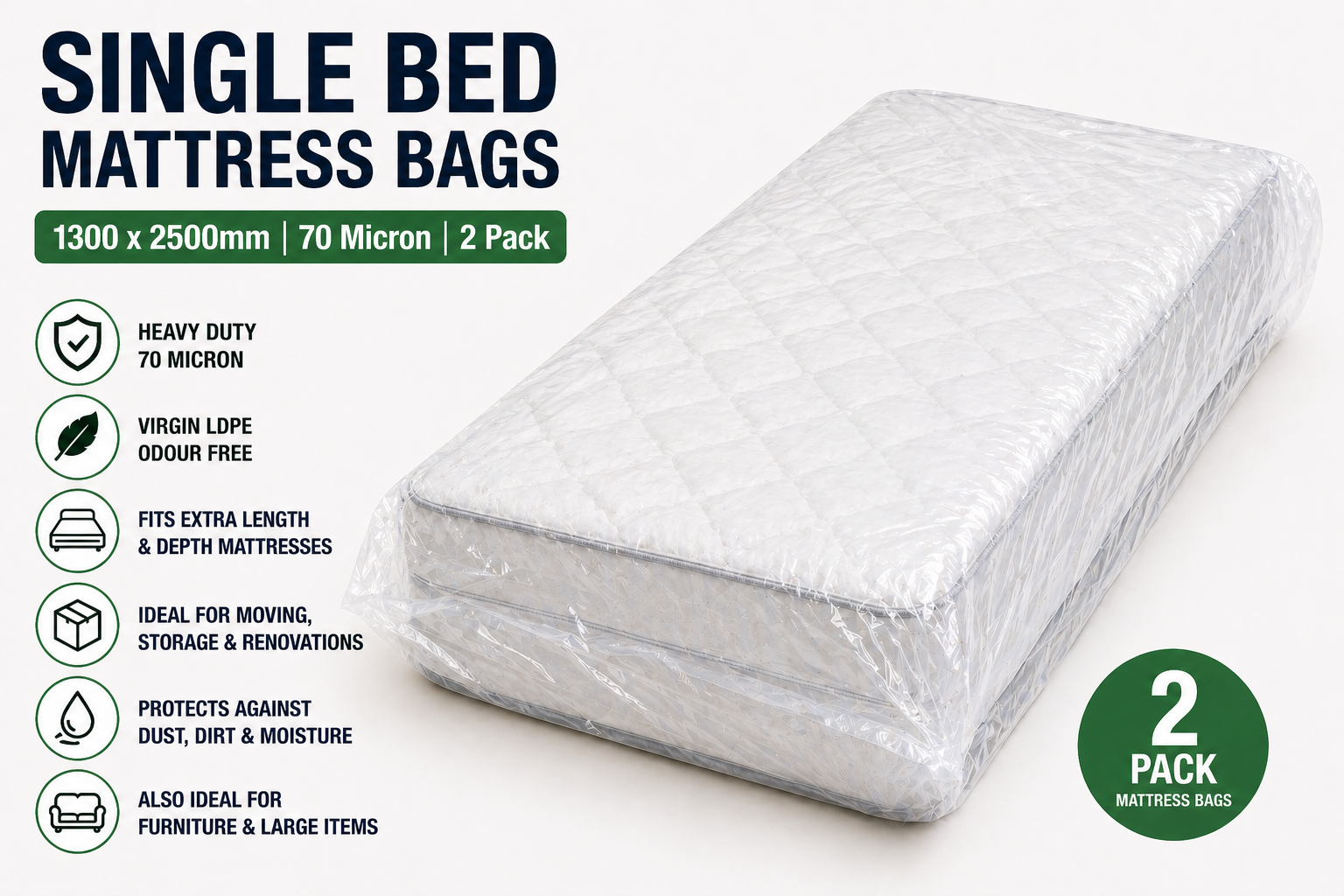 Clear LDPE Mattress Bags – Heavy Duty 70 Micron Bed Covers (2 Pack) | Moving, Storage & Protection