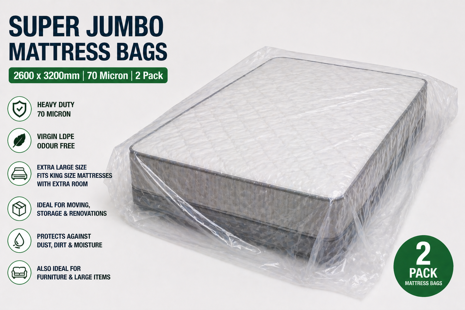 Clear LDPE Mattress Bags – Heavy Duty 70 Micron Bed Covers (2 Pack) | Moving, Storage & Protection