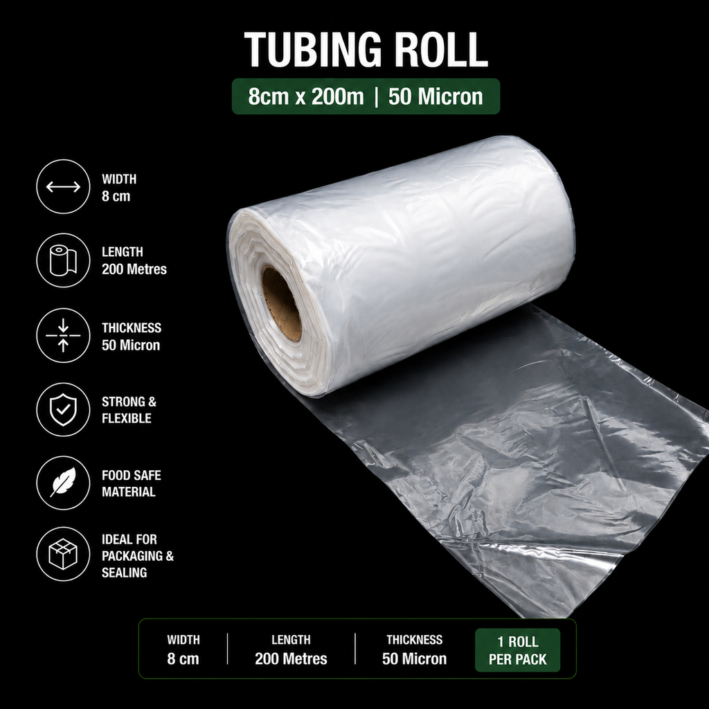 50 Micron Clear LDPE Tubing Roll – Plastic Packaging Tube (1 Roll)