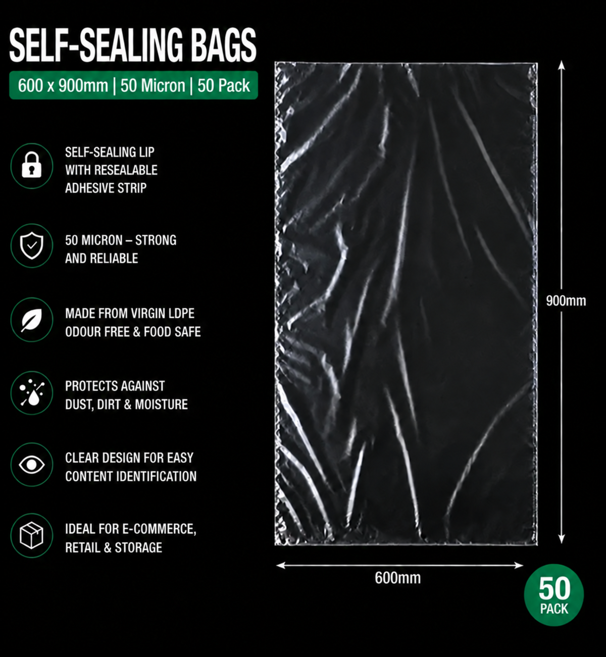 50 Micron Clear LDPE Self-Sealing Bags – Resealable Lip & Tape | Packaging Bags for Storage & Shipping