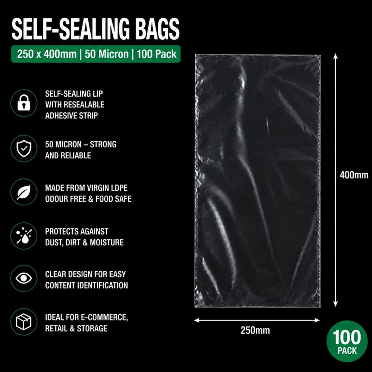 50 Micron Clear LDPE Self-Sealing Bags – Resealable Lip & Tape | Packaging Bags for Storage & Shipping